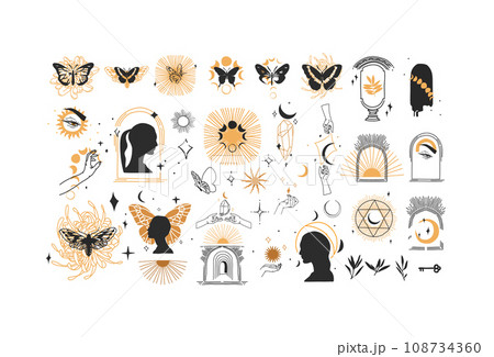 Hand drawn vector abstract graphic line illustration elements collection set,magic crescent,butterfly,flowers,animals,moon and human hands isolated. Mystical celestial esoteric magic design concept. Hand drawn vector abstract graphic line illustration elements collection set,magic crescent,butterfly,flowers,animals,moon and human hands isolated. Mystical celestial esoteric magic design concept. 108734360