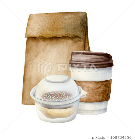 Takeaway coffee cup, takeout chocolate donut and paper craft bag watercolor illustration isolated on white background for breakfast and coffee break 108734556