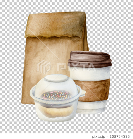Takeaway coffee cup, takeout chocolate donut and paper craft bag watercolor illustration isolated on white background for breakfast and coffee break 108734556