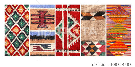 Set of vertical or horizontal banners with textures of berber traditional wool carpet with geometric pattern, Morocco, Africa 108734587