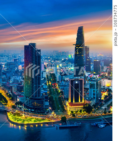Panoramic of Ho chi minh city or Saigon city at twilight in Vietnam. 108734775