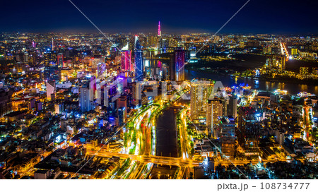 Aerial view of Ho chi minh city or Saigon city at night in Vietnam. Aerial view of Ho chi minh city or Saigon city at night in Vietnam. 108734777