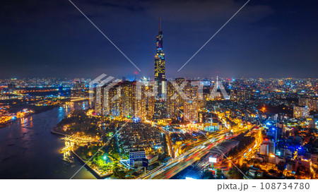 Aerial view of Ho chi minh city or Saigon city at night in Vietnam. 108734780
