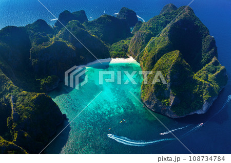 Aerial view of Maya bay in Phi phi island, Thailand. Aerial view of Maya bay in Phi phi island, Thailand. 108734784