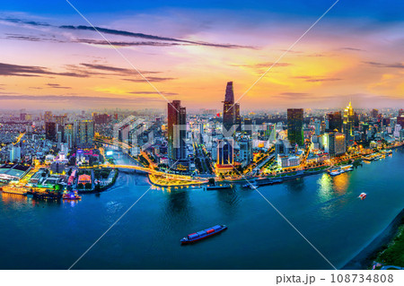 Aerial view of Ho chi minh city or Saigon city at twilight in Vietnam. 108734808