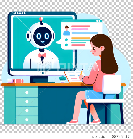 Girl interacting with AI, simple and cute illustration, AI generated image Girl interacting with AI, simple and cute illustration, AI generated image 108735137