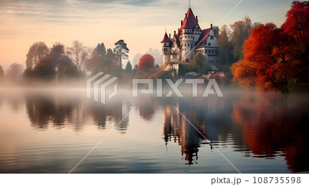 Lake with island and castle in europe Lake with island and castle in europe 108735598