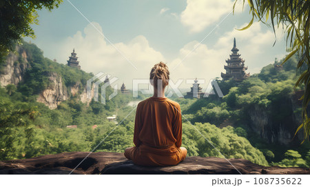 A fit woman sitting on a rock cliff 108735622