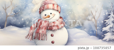 Christmas watercolor background. Christmas card. Adorable winter snowman postcard 108735857