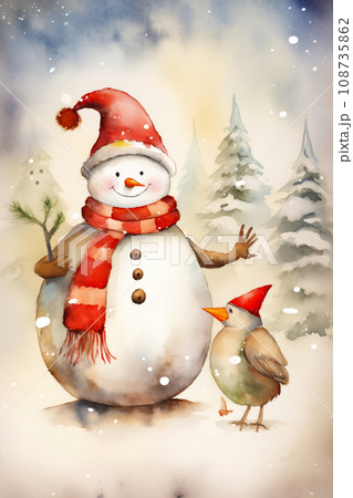 Christmas watercolor background. Christmas card. Adorable winter snowman postcard 108735862