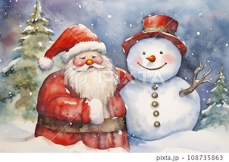 Christmas watercolor background. Christmas card. Adorable winter snowman postcard Christmas watercolor background. Christmas card. Adorable winter snowman postcard 108735863