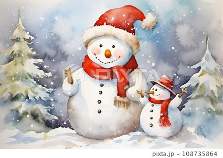 Christmas watercolor background. Christmas card. Adorable winter snowman postcard 108735864