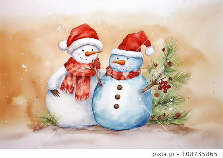 Christmas watercolor background. Christmas card. Adorable winter snowman postcard 108735865