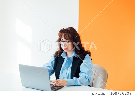 woman with laptop computer remote work internet conversation online communication communication woman with laptop computer remote work internet conversation online communication communication 108736205