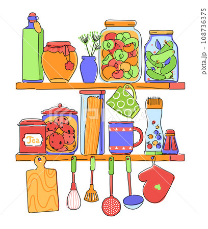 Kitchen shelf with food and utensils - flat design style illustration 108736375