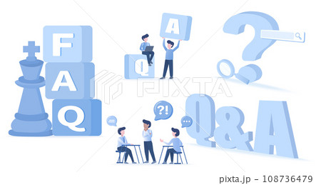 Frequently asked questions (FAQ) QA characters set. Confused, search, talking, meeting, ask question, answer, survey, help and support business development. Flat vector design illustration. Frequently asked questions (FAQ) QA characters set. Confused, search, talking, meeting, ask question, answer, survey, help and support business development. Flat vector design illustration. 108736479