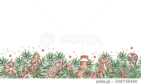 Christmas seamless border with gingerbreaad cookies , fir tree branch. Pine branches. Hand drawn illustration. Watercolor repeating stripe for xmas, New Year 108736480