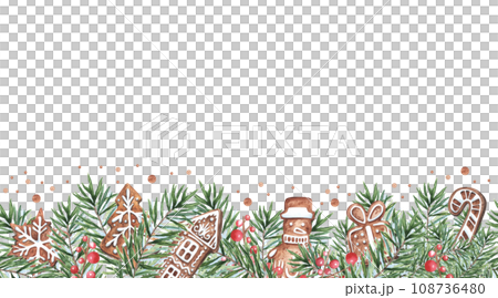 Christmas seamless border with gingerbreaad cookies , fir tree branch. Pine branches. Hand drawn illustration. Watercolor repeating stripe for xmas, New Year 108736480