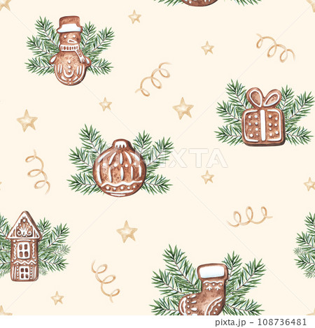 Watercolor winter christmas seamless pattern with ginger cookies cinnamon fir branches Holly Jolly isolated on white background. Xmas new year holiday illustration for fabric textile 108736481