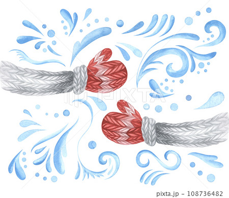 Hands in red knitted mitterns hugging with blue swirls frost. Winter illustration. Christmas and New Year concept design. Watercolor hands with design. Seasonal card, hand drawn. 108736482