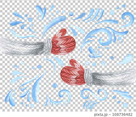 Hands in red knitted mitterns hugging with blue swirls frost. Winter illustration. Christmas and New Year concept design. Watercolor hands with design. Seasonal card, hand drawn. 108736482