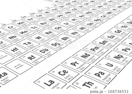 Perspective background of the periodic table of the chemical elements with their atomic number, atomic weight, element name and symbol on a white background Perspective background of the periodic table of the chemical elements with their atomic number, atomic weight, element name and symbol on a white background 108736551