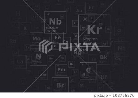 Background of the chemical elements of the periodic table with their atomic number, atomic weight, element name and symbol on a black background Background of the chemical elements of the periodic table with their atomic number, atomic weight, element name and symbol on a black background 108736576