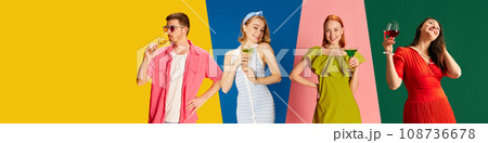 Young people, man and women drinking cocktails, wine, celebrating events against multicolored background. Party and alcohol drinks Young people, man and women drinking cocktails, wine, celebrating events against multicolored background. Party and alcohol drinks 108736678