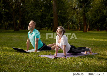Active healthy elderly family couple practicing yoga outside in nature Active healthy elderly family couple practicing yoga outside in nature 108736703