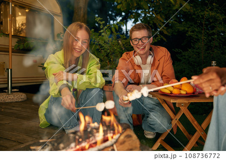 Friends roasting marshmallows over bonfire at van motor home 108736772