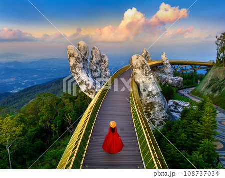 Tourist walking at Golden Bridge in Danang Vietnam. Tourist walking at Golden Bridge in Danang Vietnam. 108737034