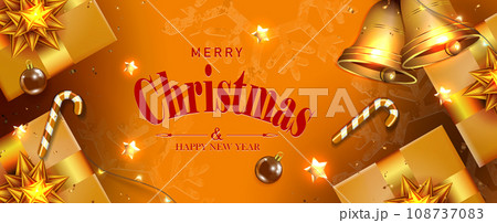 Christmas brown illustration, gift boxes with bow, textured snowflakes 108737083