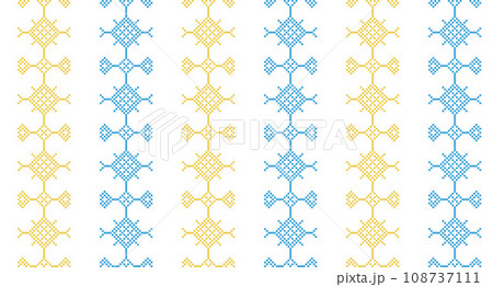 Ukrainian vector seamless fashion pattern. Decoration in blue and yellow color. Ukrainian vertical stripes fashion pattern. Pixel art, vyshyvanka, cross stitch 108737111