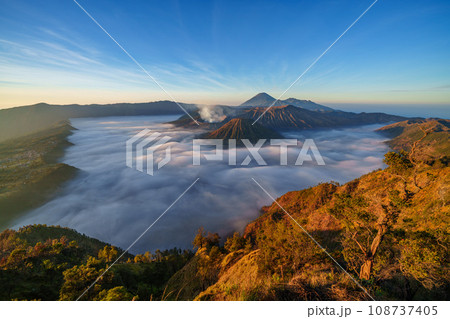 Bromo active volcano at sunrise,Tengger Semeru national park, East Java, Indonesia Bromo active volcano at sunrise,Tengger Semeru national park, East Java, Indonesia 108737405