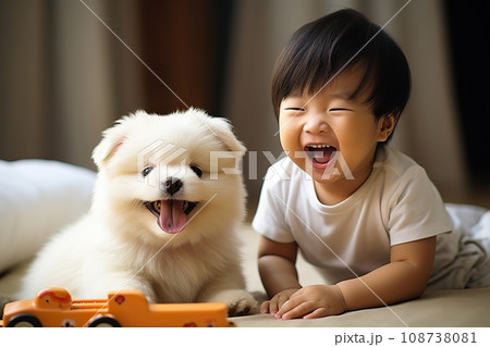 Young Asian Baby Engaging in Playtime with Dog Puppy and Toy Cars in the Cozy Comfort of Home. created with Generative AI Young Asian Baby Engaging in Playtime with Dog Puppy and Toy Cars in the Cozy Comfort of Home. created with Generative AI 108738081