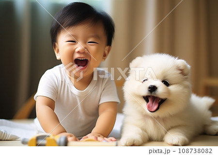 Young Asian Baby Engaging in Playtime with Dog Puppy and Toy Cars in the Cozy Comfort of Home. created with Generative AI Young Asian Baby Engaging in Playtime with Dog Puppy and Toy Cars in the Cozy Comfort of Home. created with Generative AI 108738082