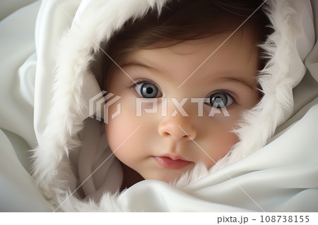 Adorable White Caucasian Baby Wrapped in Soft White Blanket, Perfect for Alluring Advertisements with Big Blue Eyes and Tiny Nose. created with Generative AI 108738155