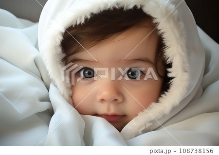 Adorable White Caucasian Baby Wrapped in Soft White Blanket, Perfect for Alluring Advertisements with Big Blue Eyes and Tiny Nose. created with Generative AI 108738156