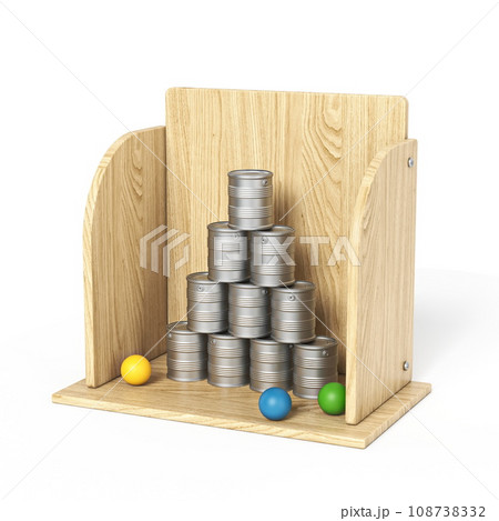 Tin can shooting game in wooden box 3D 108738332