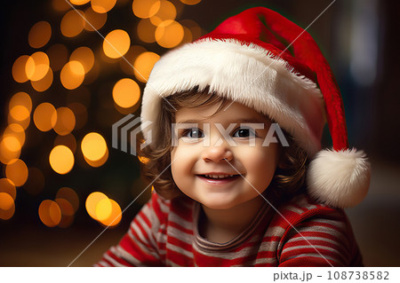 Festive Toddler Delight A Joyful Portrait of a Smiling Toddler in a Santa Hat on Christmas Eve, Against a Bokeh Background. created with Generative AI 108738582