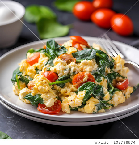 Omelette with cherry tomatoes and spinach Healthy breakfast healthy eating concept 108738974