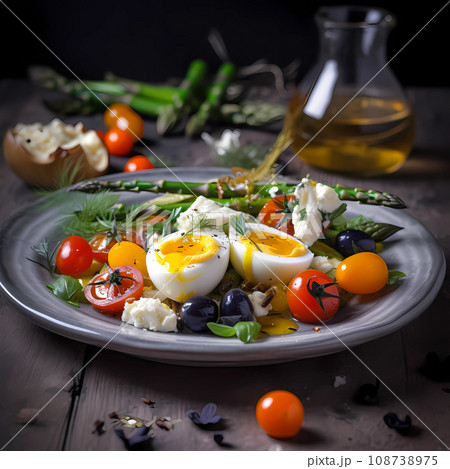 Healthy breakfast boiled cherry eggs asparagus olives on grey plate on wooden table 108738975