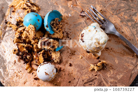 Leftover cake and fork on the table. Junk food concept made from sugar and cream, diet. Leftover cake and fork on the table. Junk food concept made from sugar and cream, diet. 108739227
