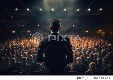 Inspiring Moments Motivational Speaker Engaging Audience from the Stage, A Backstage Perspective. created with Generative AI 108739324