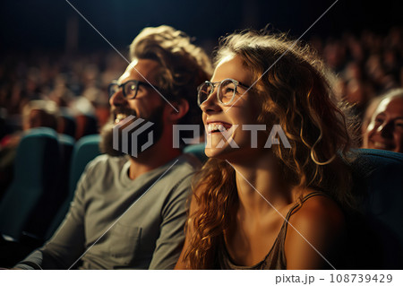 Romantic Cinema Date Cheerful Couple in Love Watching a Movie. created with Generative AI 108739429