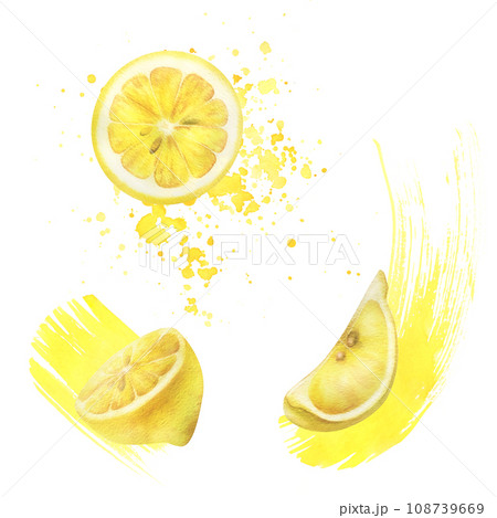 Yellow lemons with splashes of juice, round slice and quarter with seeds. Watercolor, hand drawn botanical illustration. Set of isolated elements on a white background 108739669