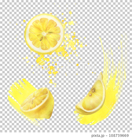 Yellow lemons with splashes of juice, round slice and quarter with seeds. Watercolor, hand drawn botanical illustration. Set of isolated elements on a white background 108739669