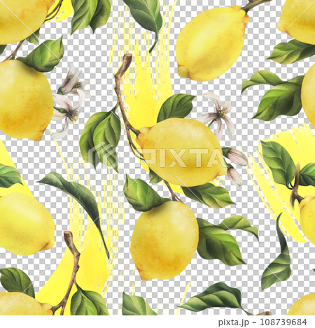 Lemons are yellow, juicy, ripe with green leaves, flower buds on the branches, whole and slices. Watercolor, hand drawn botanical illustration. Seamless pattern on a white background. 108739684