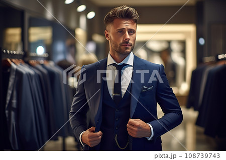 Elegant Fitting Room Experience Stylish Man in Classic Suit at Luxury Men's Boutique Store. created with Generative AI 108739743