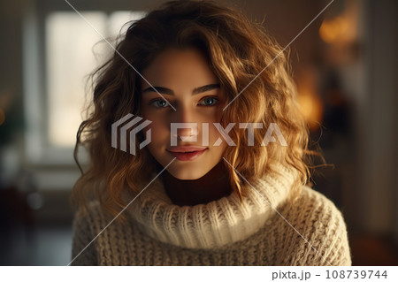 Cozy Winter Moments Beautiful Woman in Knitted Attire Admiring the Season Through Home Window. created with Generative AI 108739744